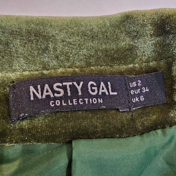 Nasty Gal Olive Green Velvet Blazer Jacket Side Tie Whimsigoth Y2K Festive Sz 2 - Picture 8 of 15